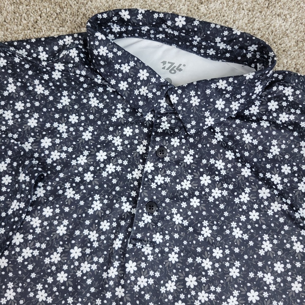 1764 Mens XL Black White AOP Floral Performance Stretch Golf Polo Short Sleeve
